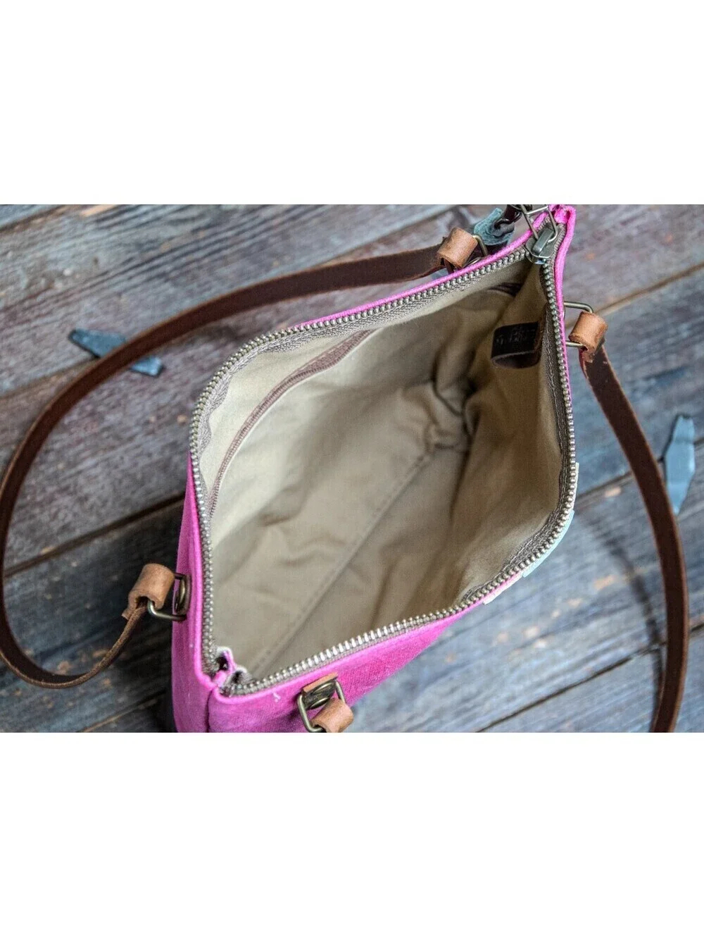 Handmade Leather & waxed canvas Tote Bag * Zipper Top * Pink with Brown Stripe